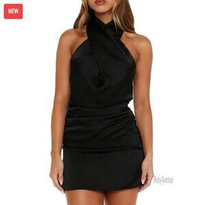 Satin Halter Neck Bodycon Mini Dress Ruched Club Wedding Guest